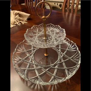 Vintage Crystal two-tier desert/fruit holder, “gold” handle, great condition